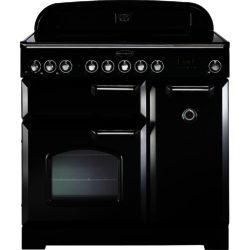 Rangemaster Classic Deluxe 90cm Electric Ceramic 81630 Range Cooker in Black with Chrome Trim and Ceramic Hob